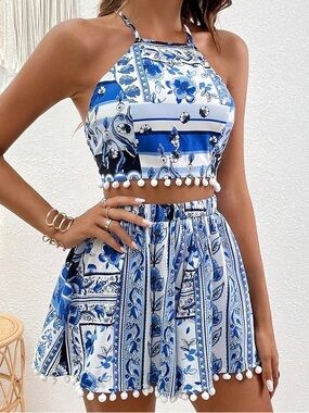SHEIN VCAY Blue & White Floral Halter Top and Shorts Set with Pom Poms - S